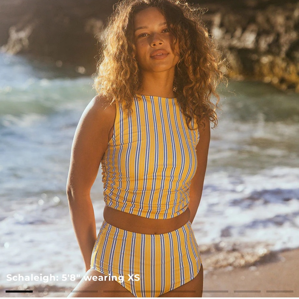 Albion Fit ruched crop top and high waisted bottoms, NWTs! Lemon Stripe